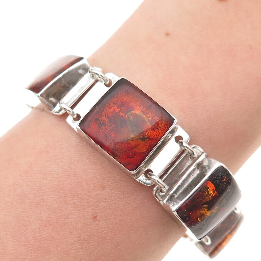 925 Sterling Silver Vintage Poland Real Amber Modernist Oxidized Bracelet 7.25"